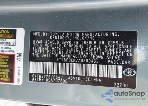 2010 Toyota Camry Le from USA, damaged, VIN 4T1BF3EK7AU580453